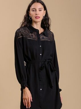 Umgee Crochet Lace Linen Blend Shirt Dress NWT